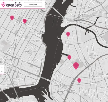 Eventelo’s map of New York, with pins marking events nearby.